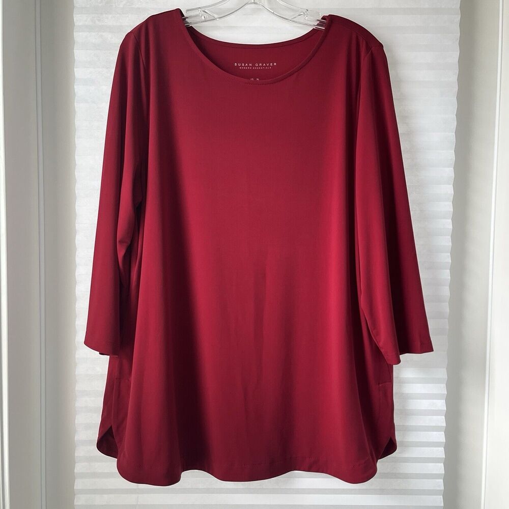 Susan Graver Modern Essentials tunic blouse maroon 3/4 sleeve Size XL, round hem